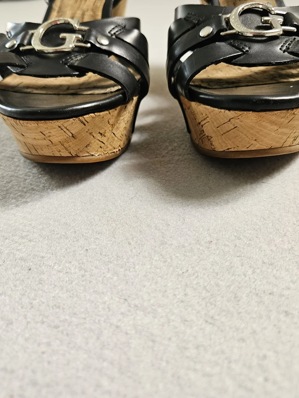 Guess Black Strappy Cork Platform Wedge Sandals Silver G Logo Size 8